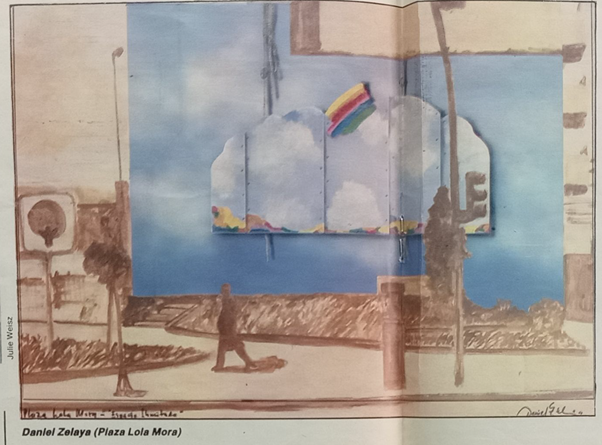 Boceto del mural de Daniel Zelaya, ganador del concurso organizado por Benson & Hedges. La Nación Revista, 31/12/1983